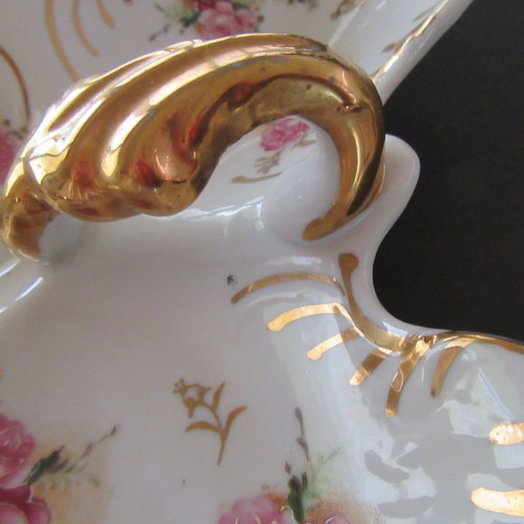 White porcelain gold trimmed 3 section candy or bon bon dish -lavender roses - Picture 4 of 10